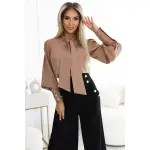 578-1 Wyjątkowa biznesowa bluzka z długim rękawkiem, wiązaniem i guzikami - kolor karmelowy - mocha mousse-4