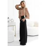 496-2 Eleganckie szerokie spodnie z kieszeniami, wysokim stanem i złotymi guzikami - CZARNE-2