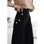 496-2 Eleganckie szerokie spodnie z kieszeniami, wysokim stanem i złotymi guzikami - CZARNE-9