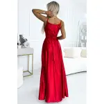 512-5 JULIET elegancka długa satynowa suknia z dekoltem i rozcięciem na nogę  - CZERWONA-4