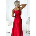 512-5 JULIET elegancka długa satynowa suknia z dekoltem i rozcięciem na nogę  - CZERWONA-6