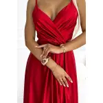 512-5 JULIET elegancka długa satynowa suknia z dekoltem i rozcięciem na nogę  - CZERWONA-8