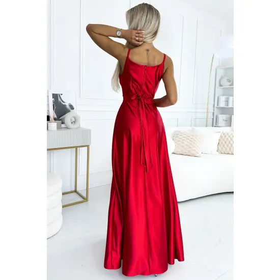 512-5 JULIET elegancka długa satynowa suknia z dekoltem i rozcięciem na nogę  - CZERWONA-4