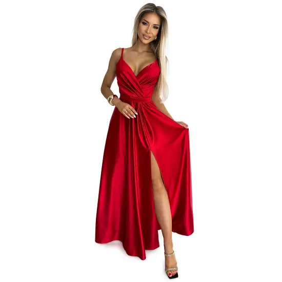 512-5 JULIET elegancka długa satynowa suknia z dekoltem i rozcięciem na nogę  - CZERWONA-9