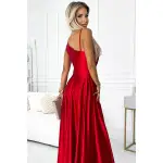 524-1 Długa elegancka satynowa suknia na jedno ramię  - CZERWONA-4