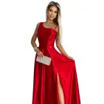524-1 Długa elegancka satynowa suknia na jedno ramię  - CZERWONA-8