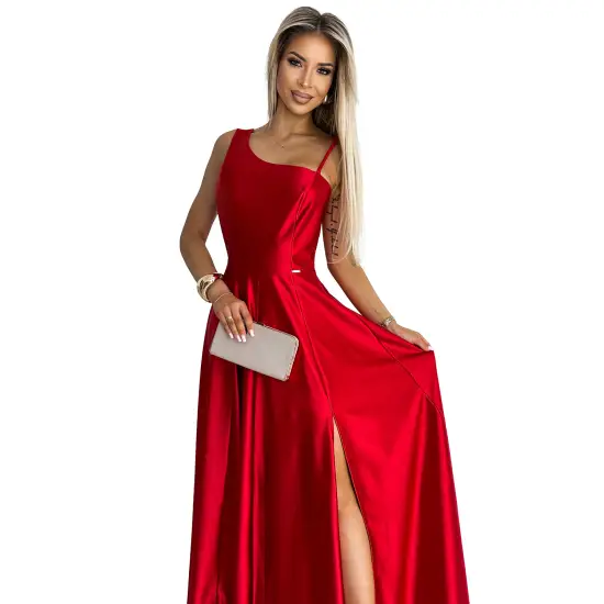 524-1 Długa elegancka satynowa suknia na jedno ramię  - CZERWONA-8
