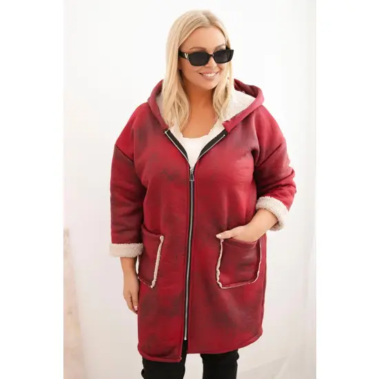 Kurtka damska Plus Size z kapturem i kieszeniami ocieplana barankiem bordowa-1