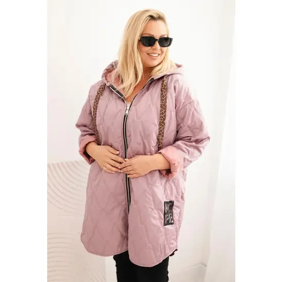 Kurtka damska Plus Size pikowana z kapturem i napisem HOPE ciemno różowa-1