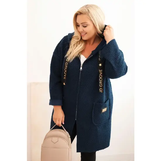 Płaszcz damski Plus Size ze sztucznego baranka z kapturem i kieszeniami granatowy-1