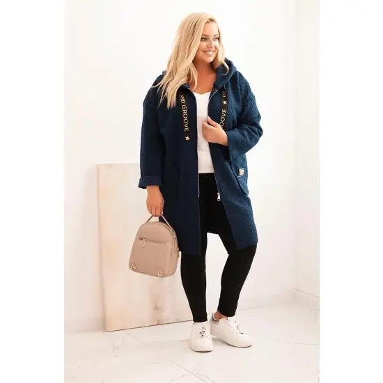 Płaszcz damski Plus Size ze sztucznego baranka z kapturem i kieszeniami granatowy-2