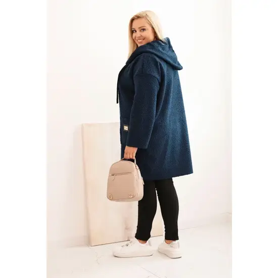 Płaszcz damski Plus Size ze sztucznego baranka z kapturem i kieszeniami granatowy-3
