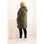 Płaszcz damski Plus Size ze sztucznego baranka z kapturem i kieszeniami khaki-3