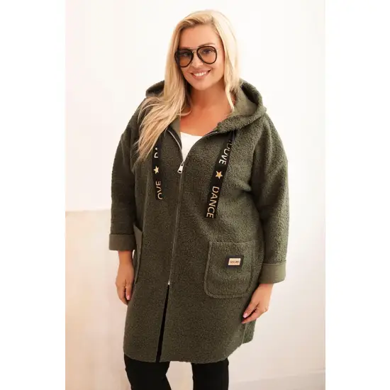 Płaszcz damski Plus Size ze sztucznego baranka z kapturem i kieszeniami khaki-1