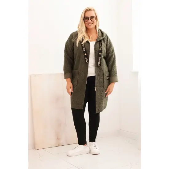 Płaszcz damski Plus Size ze sztucznego baranka z kapturem i kieszeniami khaki-2