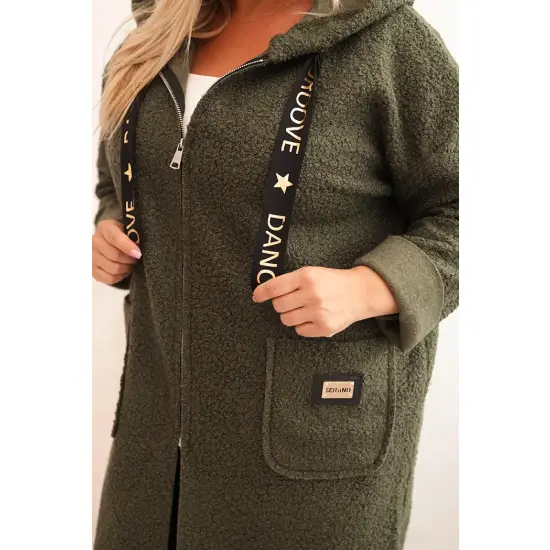 Płaszcz damski Plus Size ze sztucznego baranka z kapturem i kieszeniami khaki-4