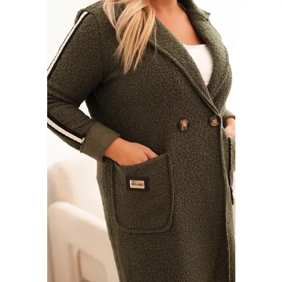 Płaszcz damski Plus Size ze sztucznego baranka z kieszeniami khaki-2