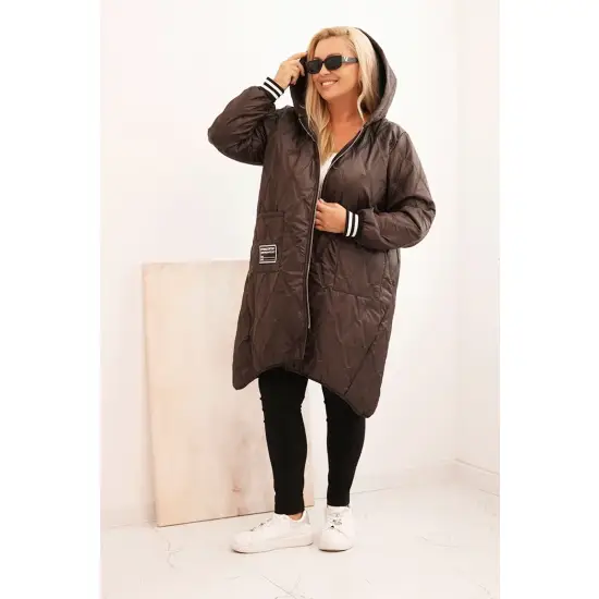Kurtka damska Plus Size pikowana z kapturem i sportowymi mankietami brązowa-2