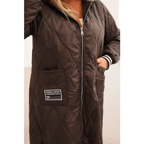 Kurtka damska Plus Size pikowana z kapturem i sportowymi mankietami brązowa-4