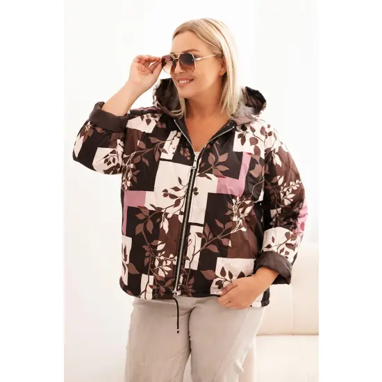 Kurtka damska Plus Size z kapturem i wydłużonym tyłem brązowa-1
