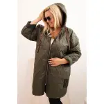 Kurtka damska Plus Size pikowana z kapturem i napisem HOPE khaki-1