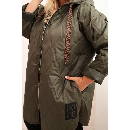 Kurtka damska Plus Size pikowana z kapturem i napisem HOPE khaki-4