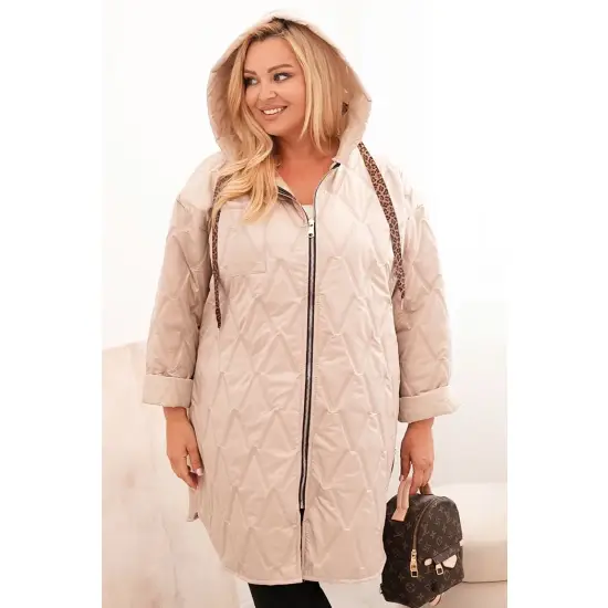 Kurtka damska Plus Size pikowana z kapturem i napisem HOPE ciemno beżowa-1