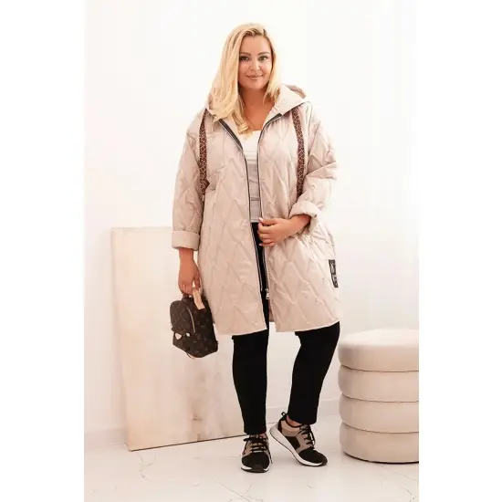 Kurtka damska Plus Size pikowana z kapturem i napisem HOPE ciemno beżowa-2