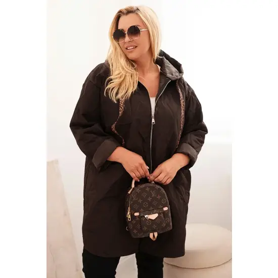 Kurtka damska Plus Size pikowana z kapturem i napisem HOPE brązowa-1
